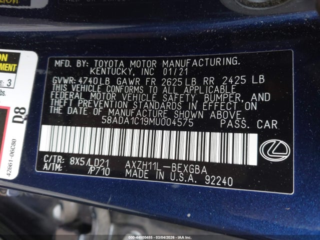 Продажа на аукционе авто 2021 Lexus Es 300h, vin: 58ADA1C19MU004575, номер лота: 44500485