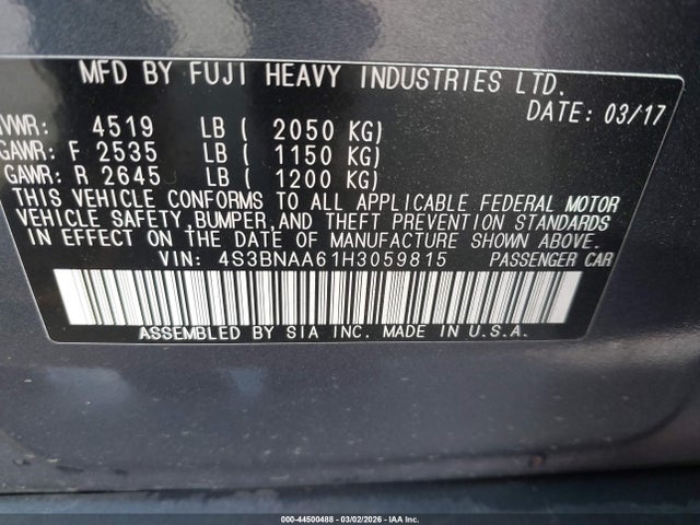 44500488 :رقم المزاد ، 4S3BNAA61H3059815 vin ، 2017 Subaru Legacy 2.5i مزاد بيع
