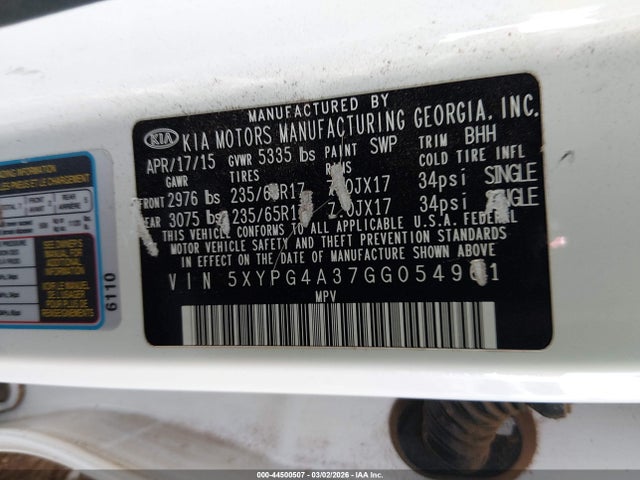 5XYPG4A37GG054961 KIA Sorento 2.4l Lx