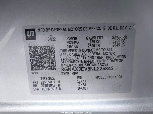3GNAXJEV8NL225343 Chevrolet Equinox Fwd 2fl