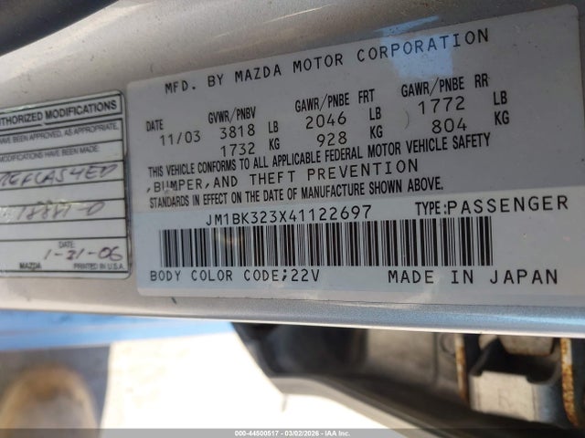 Продаж на аукціоні авто 2004 Mazda Mazda3 S, vin: JM1BK323X41122697, номер лоту: 44500517