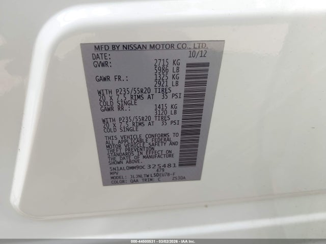 Aukcja sprzedaży 2013 Infiniti Jx35, vin: 5N1AL0MM9DC325481, numer aukcji: 44500531