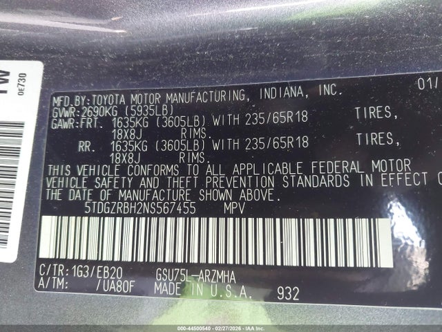 5TDGZRBH2NS567455 Toyota Highlander Xle