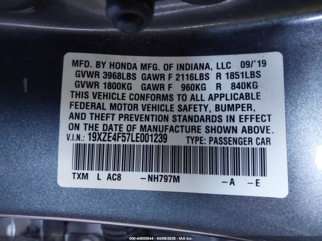Aukcja sprzedaży 2020 Honda Insight Ex, vin: 19XZE4F57LE001239, numer aukcji: 44500544