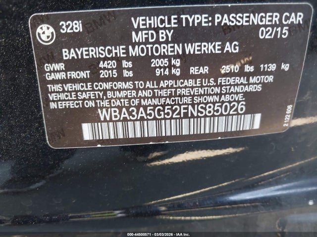 Aukcja sprzedaży 2015 Bmw 328i, vin: WBA3A5G52FNS85026, numer aukcji: 44500571