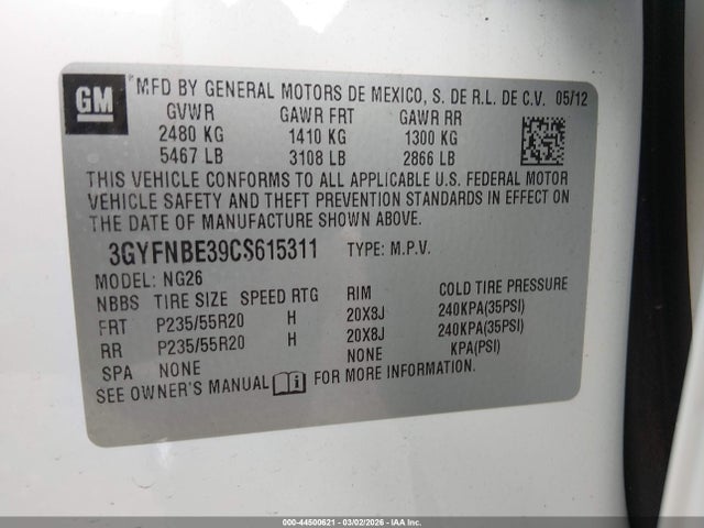 44500621 :رقم المزاد ، 3GYFNBE39CS615311 vin ، 2012 Cadillac Srx Performance Collection مزاد بيع
