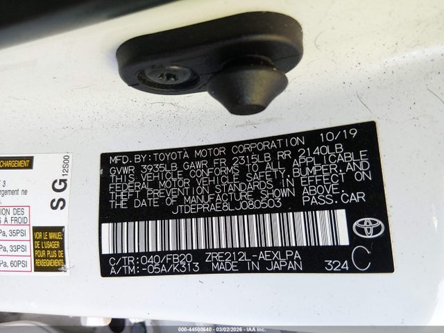 Aukcja sprzedaży 2020 Toyota Corolla Le, vin: JTDEPRAE8LJ080503, numer aukcji: 44500640