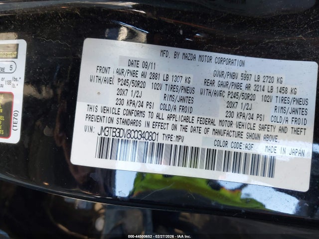 Aukcja sprzedaży 2012 Mazda Cx-9 Grand Touring, vin: JM3TB3DV8C0340801, numer aukcji: 44500652