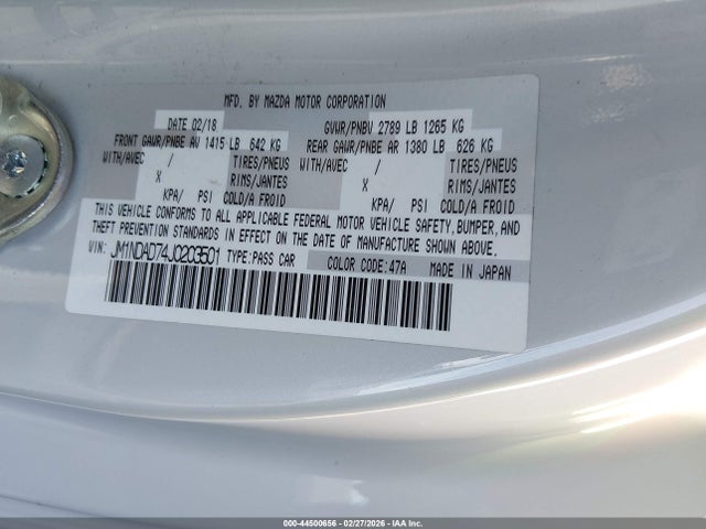 44500656 :رقم المزاد ، JM1NDAD74J0203501 vin ، 2018 Mazda Mx-5 Miata Grand Touring مزاد بيع