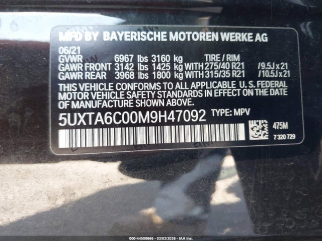 Aukcja sprzedaży 2021 Bmw X5 Phev Xdrive45e, vin: 5UXTA6C00M9H47092, numer aukcji: 44500666