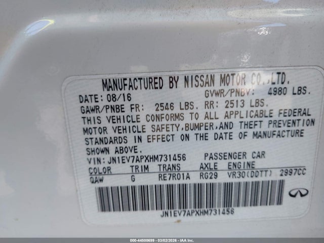 44500699 :رقم المزاد ، JN1EV7APXHM731456 vin ، 2017 Infiniti Q50 3.0t Premium مزاد بيع