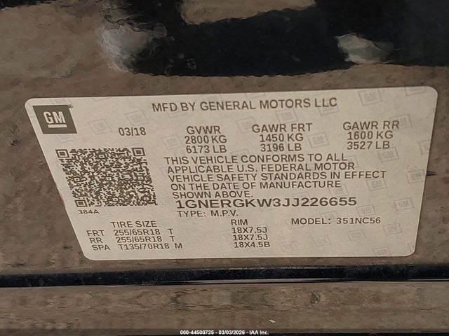 1GNERGKW3JJ226655 Chevrolet Traverse 1lt