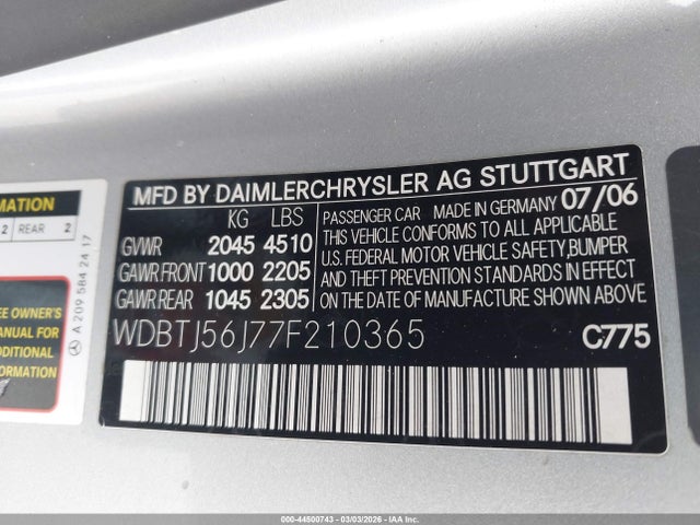 44500743 :رقم المزاد ، WDBTJ56J77F210365 vin ، 2007 Mercedes-benz Clk 350 مزاد بيع