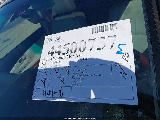 Aukcja sprzedaży 2004 Lexus Rx 330, vin: JTJGA31U740027410, numer aukcji: 44500757