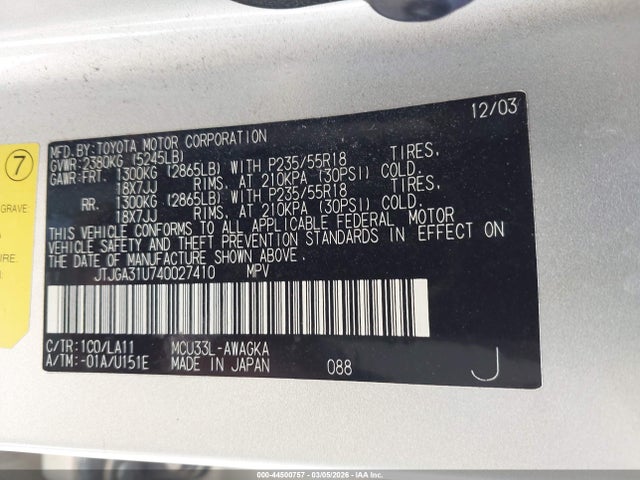 Aukcja sprzedaży 2004 Lexus Rx 330, vin: JTJGA31U740027410, numer aukcji: 44500757