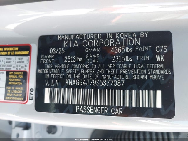 Aukcja sprzedaży 2025 Kia K5 Gt-line, vin: KNAG64J79S5377087, numer aukcji: 44500761