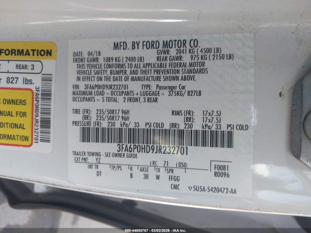 Ford FUSION SE 2018 3FA6P0HD9JR232701 Image 9