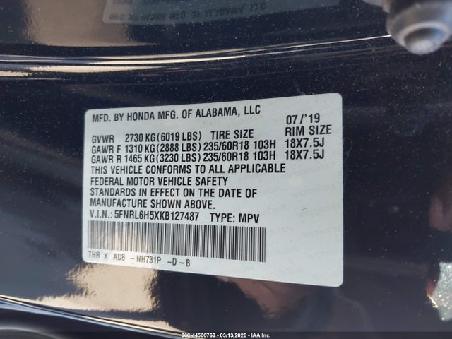 Honda ODYSSEY EX 2019 5FNRL6H5XKB127487 Image 9