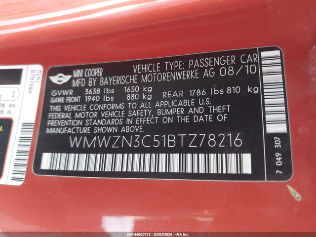 2011 MINI COOPER WMWZN3C51BTZ78216 Photo 8