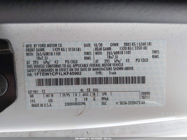 Aukcja sprzedaży 2020 Ford F-150 Xlt, vin: 1FTEW1CP1LKF45992, numer aukcji: 44500774