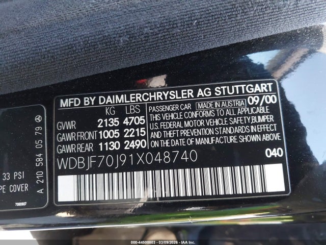 Aukcja sprzedaży 2001 Mercedes-benz E 430, vin: WDBJF70J91X048740, numer aukcji: 44500803
