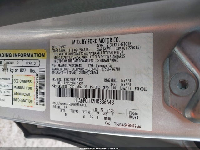 2017 Ford Fusion Hybrid Se მანქანა იყიდება აუქციონზე, vin: 3FA6P0LU2HR336643, აუქციონის ნომერი: 44500856