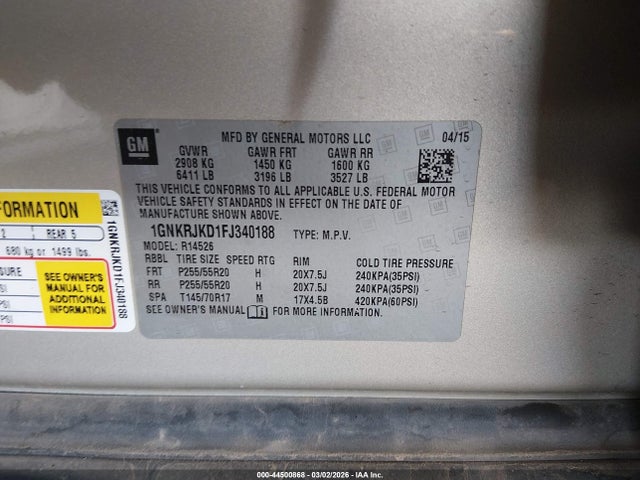 Chevrolet Traverse Ltz 2015 1GNKRJKD1FJ340188 Image 9