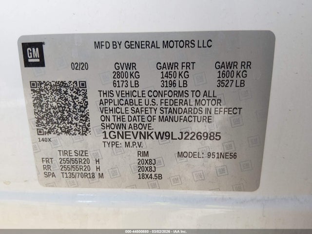 Auction sale of the 2020 Chevrolet Traverse Awd High Country, vin: 1GNEVNKW9LJ226985, lot number: 44500880