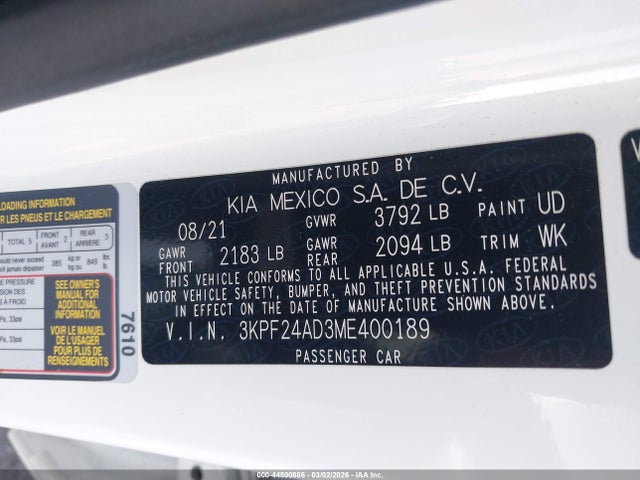 3KPF24AD3ME400189 KIA Forte Lxs