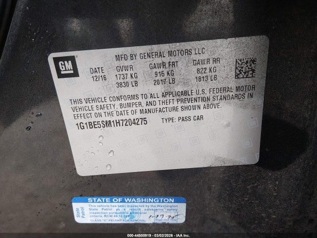 1G1BE5SM1H7204275 Chevrolet Cruze Lt Auto