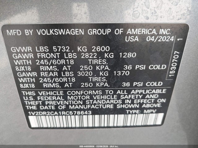 2024 Volkswagen Atlas 2.0t Se მანქანა იყიდება აუქციონზე, vin: 1V2DR2CA1RC578643, აუქციონის ნომერი: 44500956