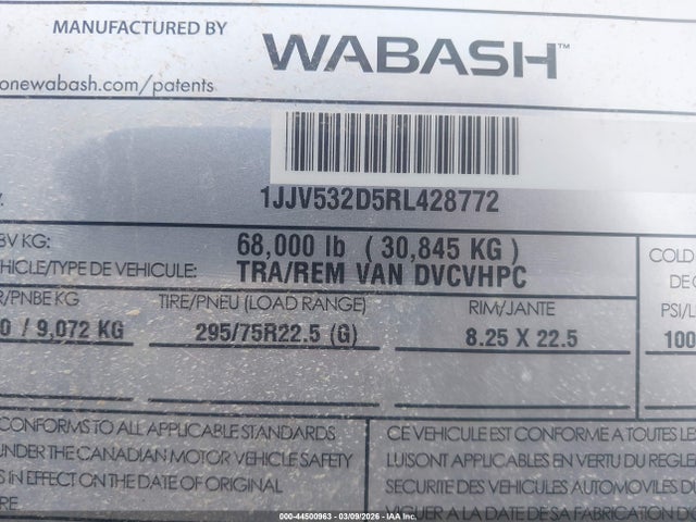 44500963 :رقم المزاد ، 1JJV532D5RL428772 vin ، 2024 Wabash National Corp Unknown مزاد بيع