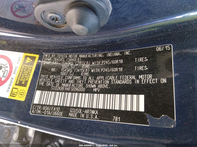 Toyota Highlander Le Plus V6 2015 5TDZKRFH4FS096000 Image 9