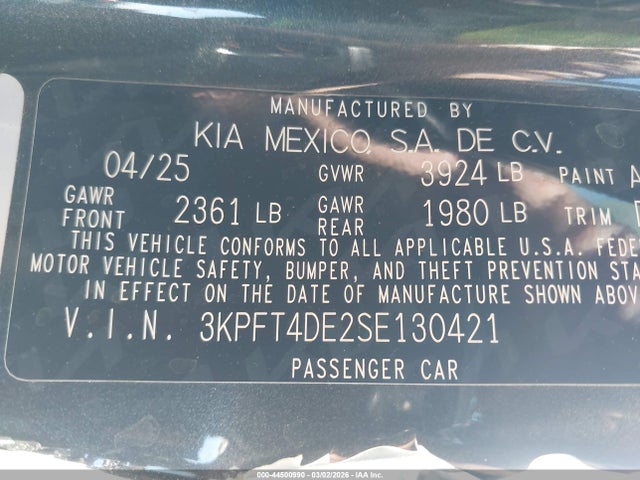 3KPFT4DE2SE130421 KIA K4 Lxs