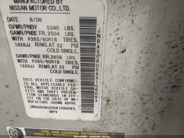 Aukcja sprzedaży 2006 Infiniti Fx35, vin: JNRAS08U56X106093, numer aukcji: 44500993