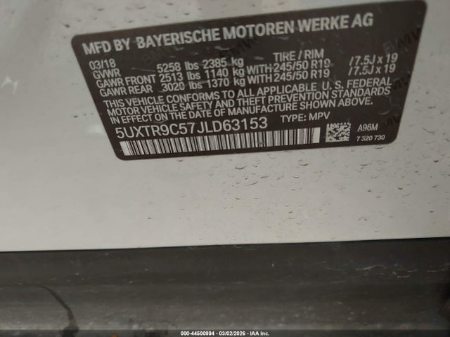 2018 Bmw X3 Xdrive30i მანქანა იყიდება აუქციონზე, vin: 5UXTR9C57JLD63153, აუქციონის ნომერი: 44500994