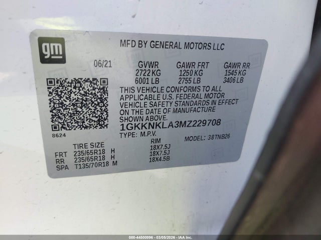 Aukcja sprzedaży 2021 Gmc Acadia Fwd Sle, vin: 1GKKNKLA3MZ229708, numer aukcji: 44500996