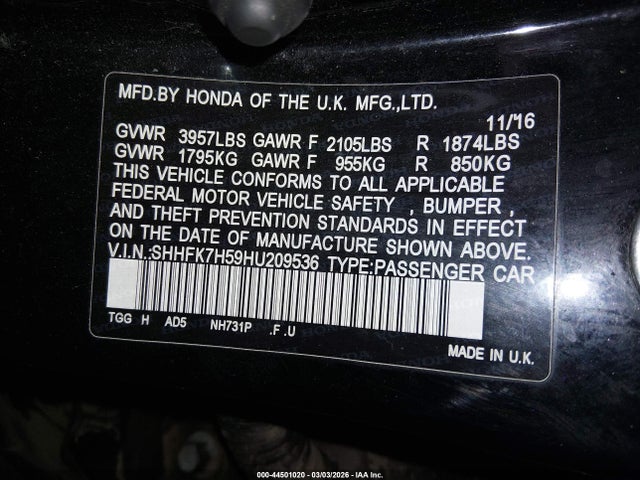 SHHFK7H59HU209536 Honda CIVIC EX