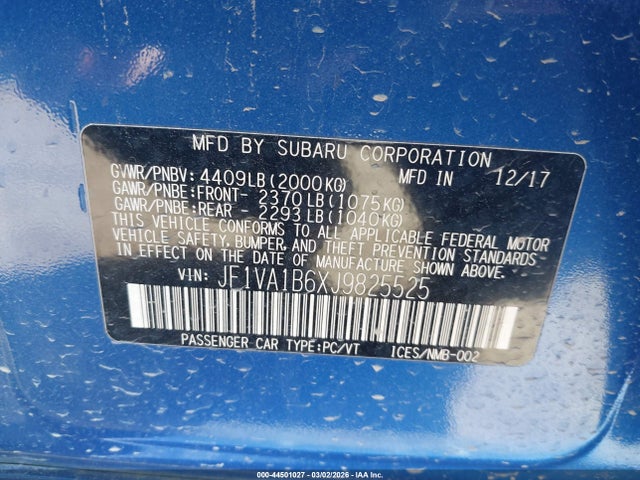 Aukcja sprzedaży 2018 Subaru Wrx Premium, vin: JF1VA1B6XJ9825525, numer aukcji: 44501027