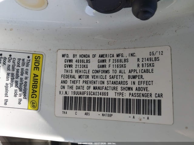 Aukcja sprzedaży 2012 Acura Tl 3.5, vin: 19UUA8F55CA034869, numer aukcji: 44501028