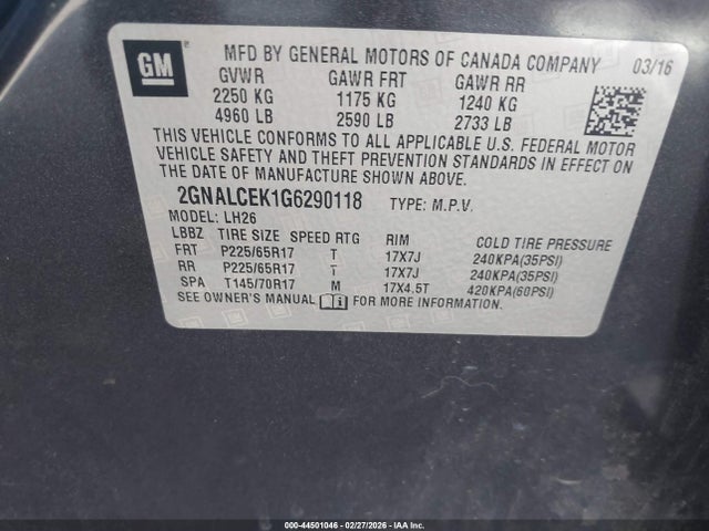 Chevrolet EQUINOX LT 2016 2GNALCEK1G6290118 Image 9