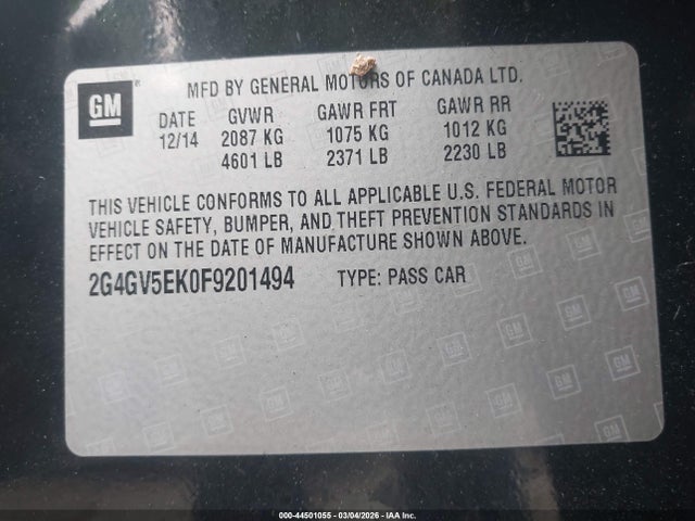 Продаж на аукціоні авто 2015 Buick Regal 1fl, vin: 2G4GV5EK0F9201494, номер лоту: 44501055