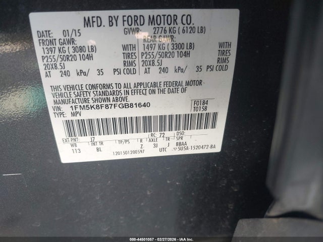 Ford Explorer Limited 2015 1FM5K8F87FGB81640 Image 9