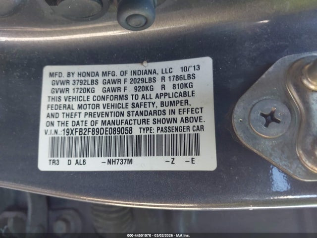 Aukcja sprzedaży 2013 Honda Civic Ex, vin: 19XFB2F89DE089058, numer aukcji: 44501070