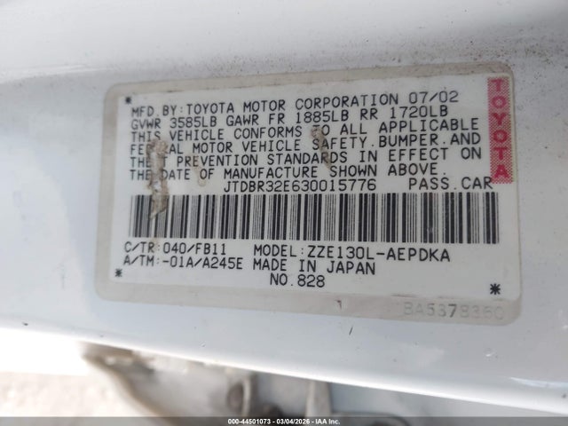 Продаж на аукціоні авто 2003 Toyota Corolla Ce, vin: JTDBR32E630015776, номер лоту: 44501073