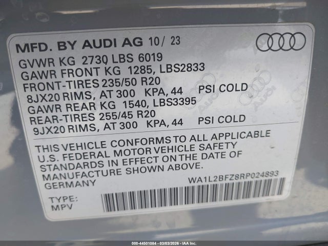 Aukcja sprzedaży 2024 Audi Q4 E-tron Premium Plus 50 Quattro, vin: WA1L2BFZ8RP024893, numer aukcji: 44501084