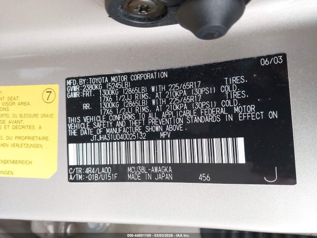 44501100 :رقم المزاد ، JTJHA31U040025132 vin ، 2004 Lexus Rx 330 مزاد بيع