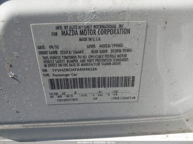 44501114 :رقم المزاد ، 1YVHZ8CH7A5M56326 vin ، 2010 Mazda Mazda6 I Touring مزاد بيع
