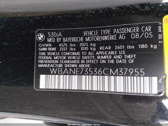 Aukcja sprzedaży 2006 Bmw 530i, vin: WBANE73536CM37955, numer aukcji: 44501132