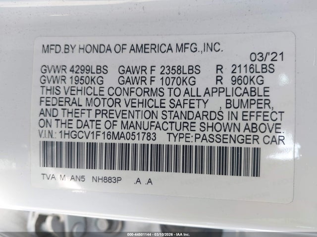Продаж на аукціоні авто 2021 Honda Accord Lx, vin: 1HGCV1F16MA051783, номер лоту: 44501144